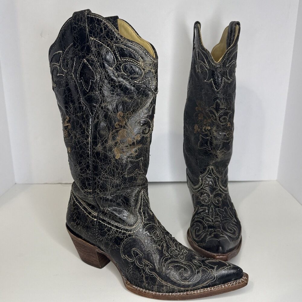 Corral Women's Black Vintage Lizard Inlay Pointed Toe Western Boots Size 6.5M